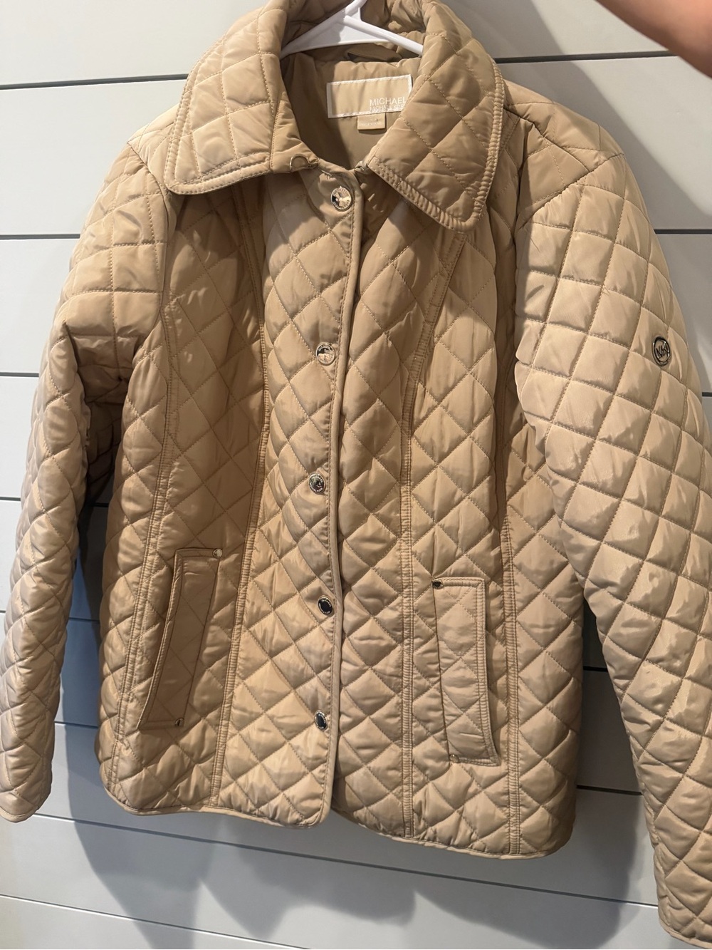 Michael Kors Quilted Tan Beige Button-Front Puffer Jacket